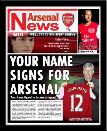 Titulok časopisu s trénerom mužstva a tvojim menom na drese FC Arsenal - 1N25